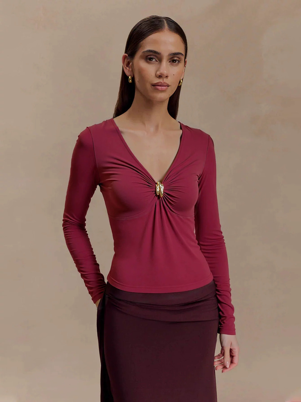 ZARA Maillard Style Wine Red Slim Fit Tee Spring Summer Top